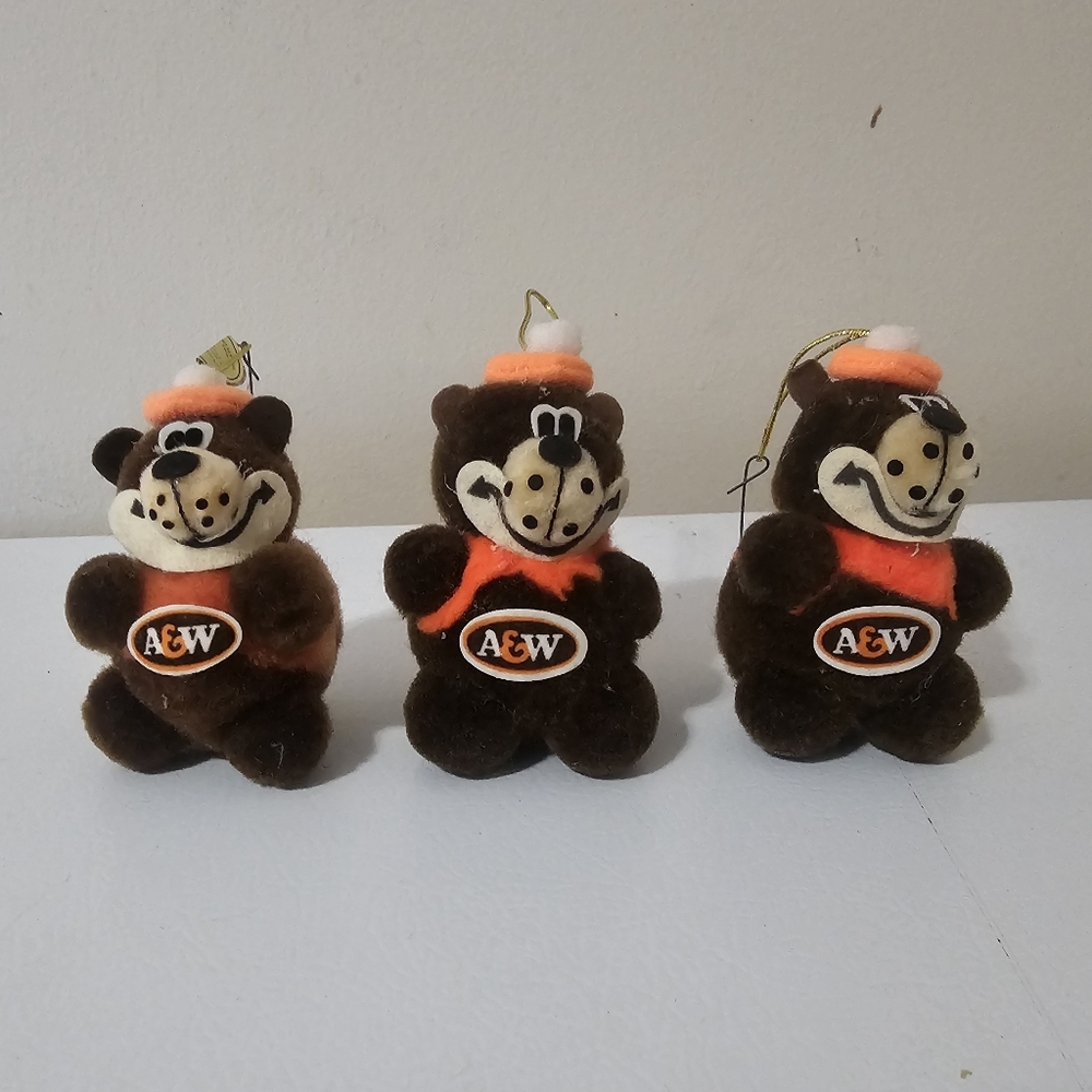 Vintage A&W Bear Plush Figure Christmas Ornament Set Of 3